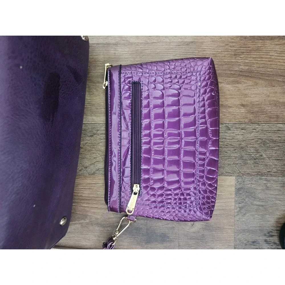 Purple Croc Embossed Satchel Handbag Gold Hardware with Matching Wristlet Pouch